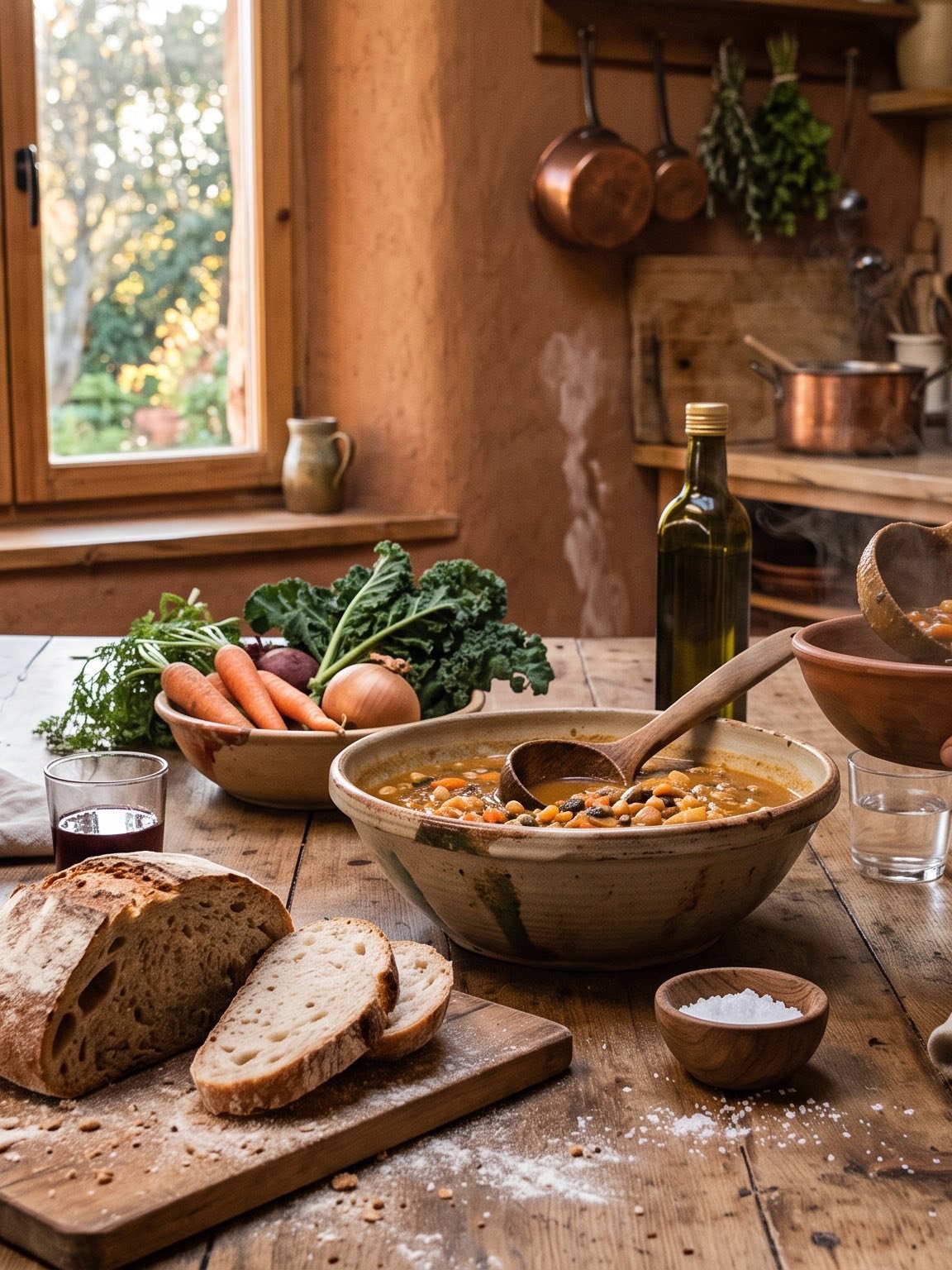 Mesa de madera con guiso, pan casero y verduras de estación, junto a una ventana