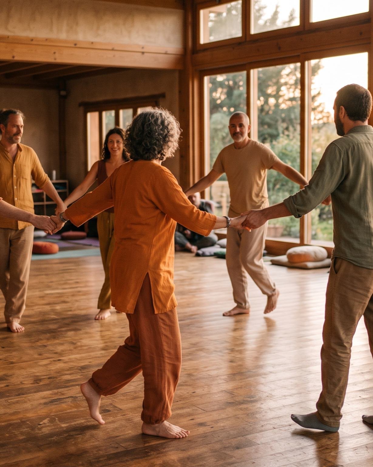 Ronda de Biodanza en movimiento, personas tomadas de las manos en el salón